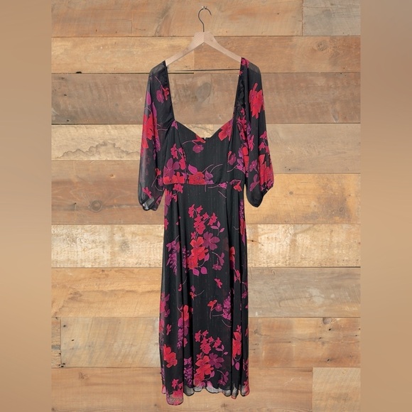 Rebecca B Dresses & Skirts - Rebecca B Women’s 12 Long Maxi Floral Dress Black Pink Red Mesh Puff Sleeve Slit